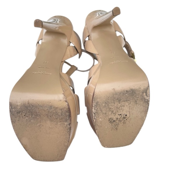 YSL Tribute Patent Leather Sandals Nude Beige Heels 38 - Picture 8 of 11